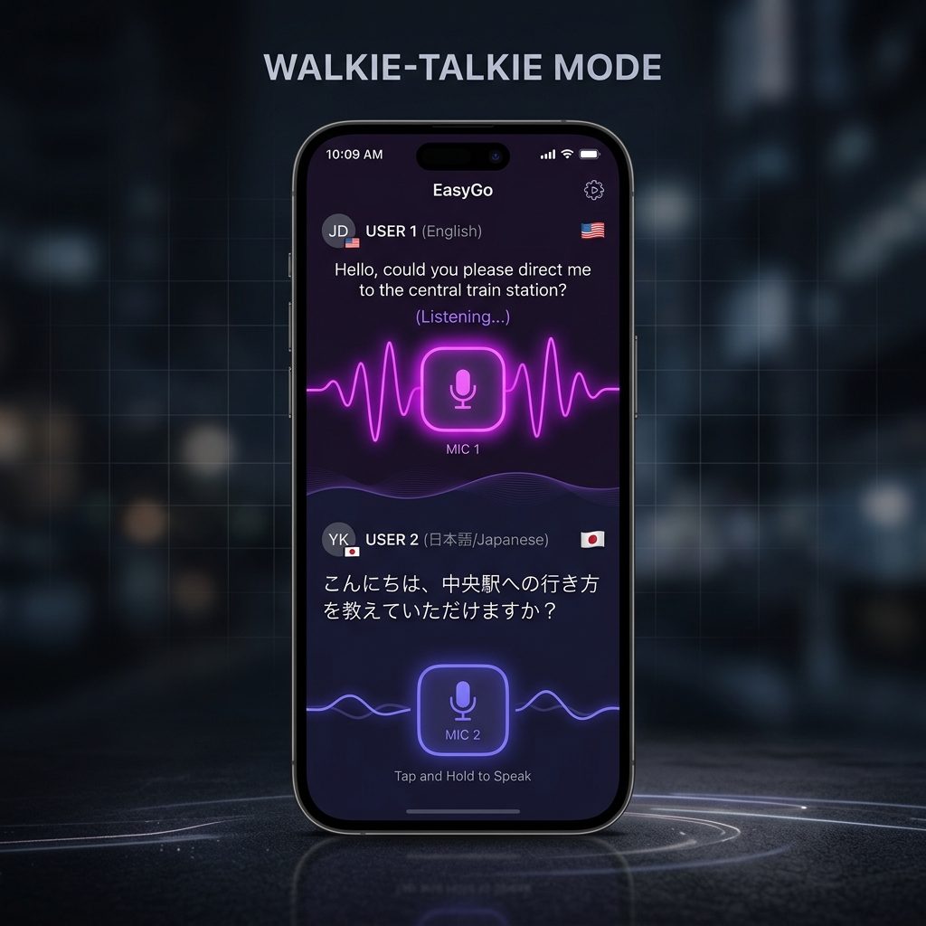 EasyGo WalkieTalkie and Text Translation interface